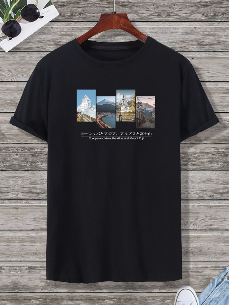 Men Mountain & Japanese Letter Graphic Tee