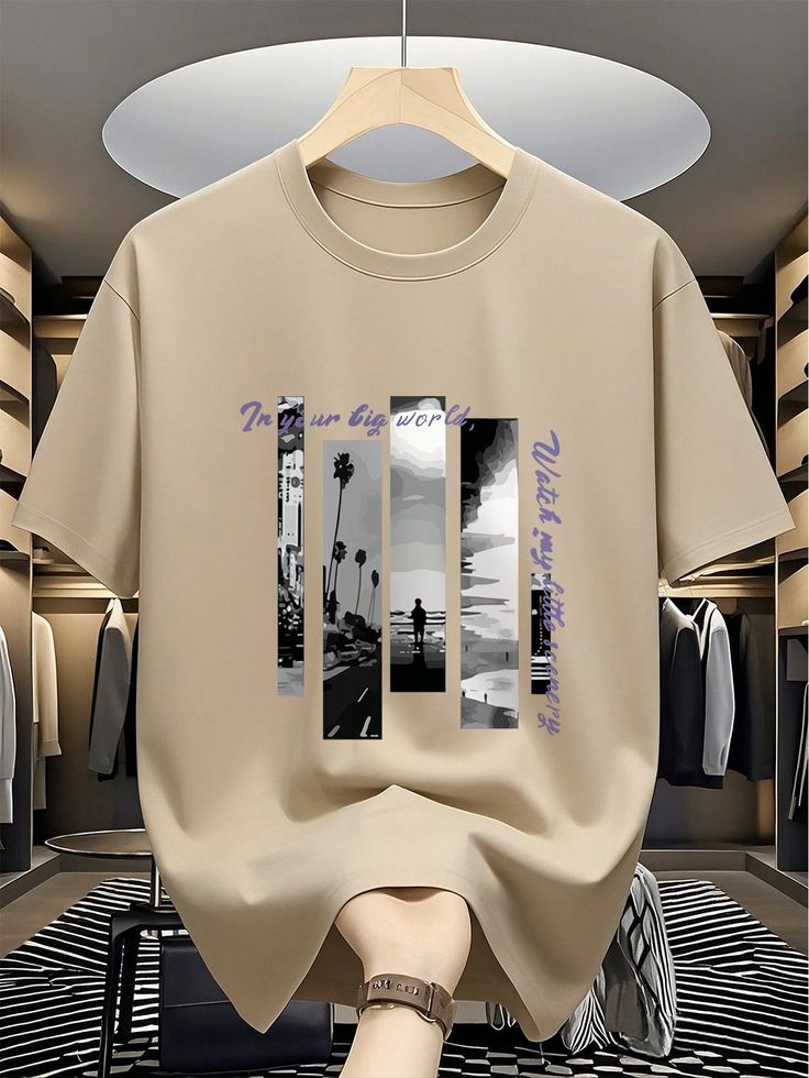 Men's Casual Round Neck Short Sleeve Letter & Figure Print T-Shirt, Summer